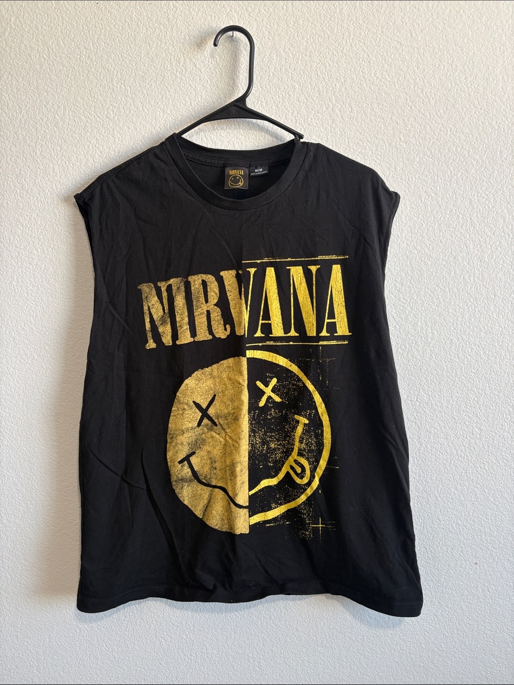 NIRVANA Black Muscle Tank with Gold Split Smiley Print